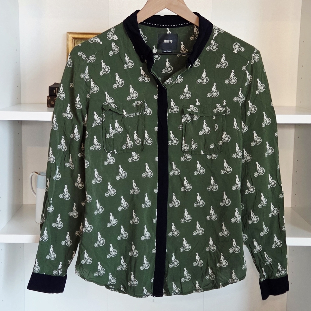 Maeve Anthropologie Green Bicycle Print Button Down Blouse Womens Size 4 - Picture 2 of 5